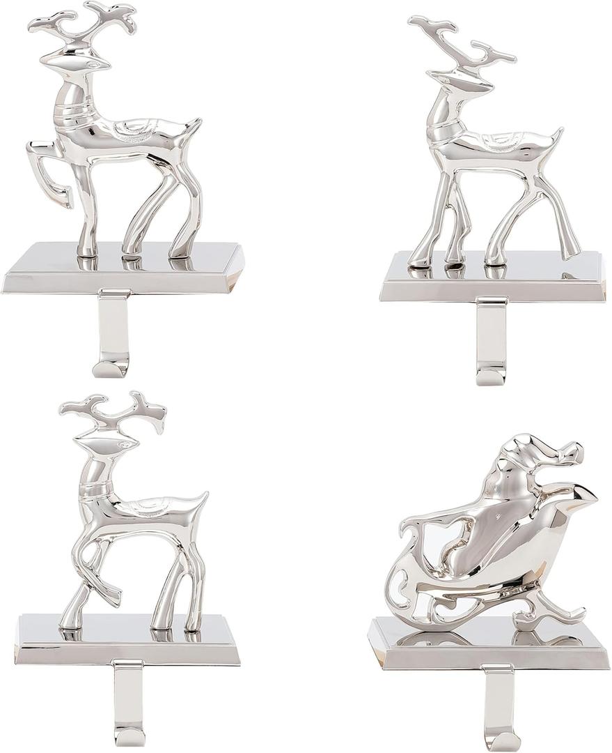 BIRDROCK HOME Reindeer & Santa Claus Stocking Holder Set for Mantle - Set of 4 - Christmas Decorations - Holiday Mantle Fireplace Topper - Decorative Metal Hanger for Stockings - Home Decor Stand