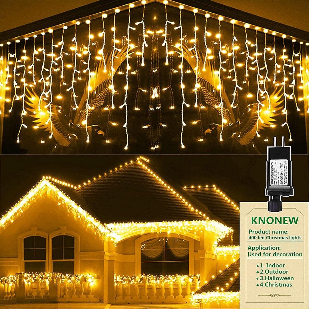 KNONEW Christmas Lights Outdoor Decorations 400 LED 33ft 8 Modes Curtain Fairy String Light with 75 Drops, Clear Wire LED String Light Indoor Decor for Wedding Party Christmas Decorations Warm White (33FT 400 LED, Warm White)