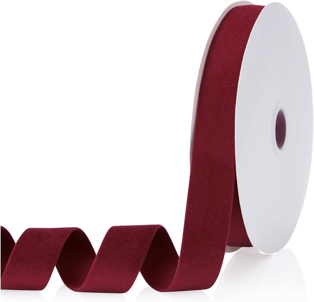 Velvet Ribbon Wine Red 1 inch, Continuous 20 Yards Double Faced Velvet Ribbon Great for Christmas Tree Ornaments,Gift Wrapping,Bow Making,Wreath Decoration,Wedding,Party,Handmade Crafts