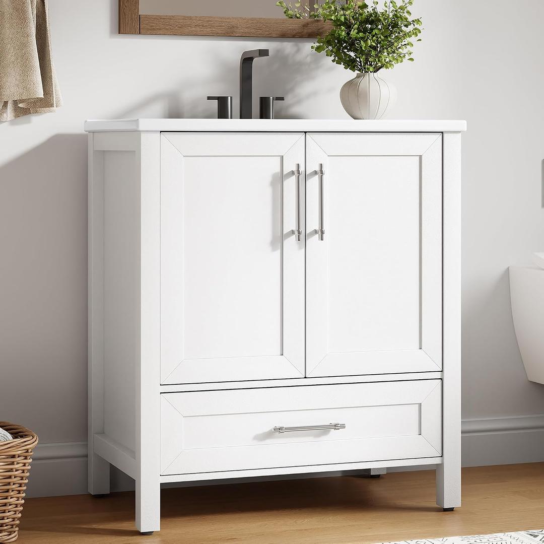 Garvee 30" Bathroom Vanity with Sink, Freestanding Bathroom Cabinet | White Bathroom Vanity Cabinet With Waterproof And Adjustable Foot & Soft-Door & Drawer & Metal Handle Easy Assembly