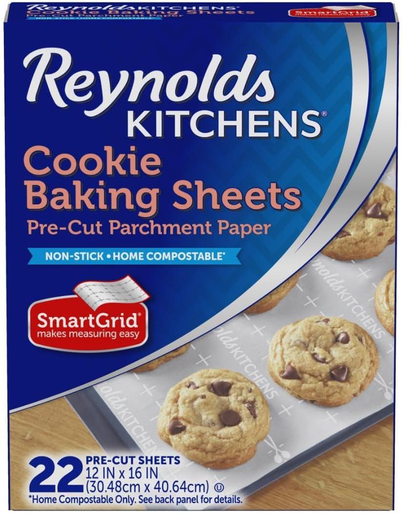 Reynolds Kitchens Cookie Baking Sheets, Pre-Cut Baking Parchment Paper Sheets for Cookies, Oven-Safe up to 425 Degrees, Reusable Up to 3X, No-Mess Cleanup, 12 in x 16 in, 22 Count