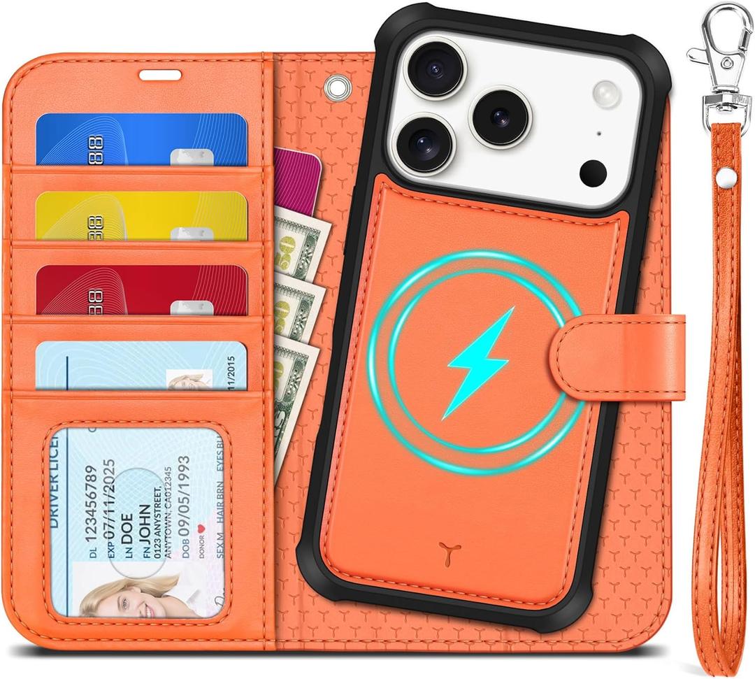 TUCCH Detachable Case Wallet for iPhone 17 Pro (6.3") 2025, Wrist Strap | 4 Card Slots RFID Blocking | Wireless Charging | Stand | 2-in-1 Magnetic | PU Leather | Shockproof Folio Cover | Orange