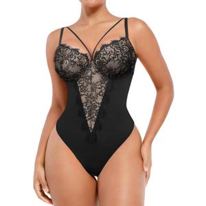 SHAPELLX Womens Lace Bodysuit for Large Bust Tummy Control Shapewear Backless Corset Top V Neck Thong Body Suits Shaper (Black) XXL