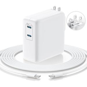 Essri MacBook Pro Charger,75W USB C Charger with Foldable Plug,Dual 75W Ports Fast Charging for MacBook Pro Air,iPad Pro,iPhone 17/16/15,Includes 6FT USB C to C Cables - White