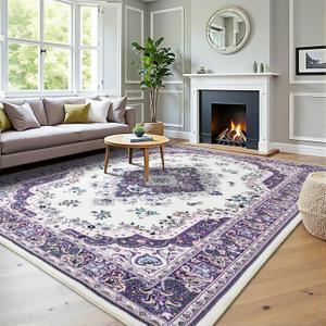 HOMORE Purple Area Rug 6x9 Living Room Rug, Non Slip Washable Rugs for Bedroom Faux Wool Large Carpet for Dining Room Vintage Floral Rugs for Home Office Farmhouse Decor