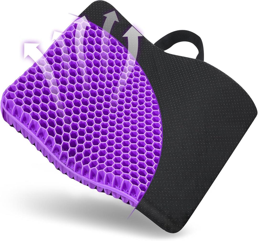 Gel Seat Cushion, for Long Sitting -Double Thick Gel Seat Cushion Breathable Honeycomb Chair Cushion with Non-Slip Cover for Office Chair Car, Wheelchair, Long Trips,Relief Sciatica Pain (Large Violet)