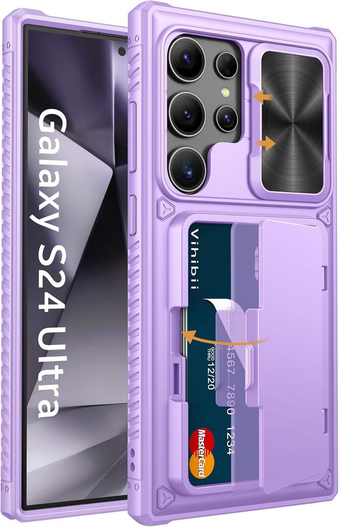 Vihibii for Samsung Galaxy S24 Ultra Wallet Case with Card Holder (4 Cards) & Slide Camera Protective Cover & Stand, Heavy Duty Shockproof Rugged Case for Galaxy S24 Ultra 5G 6.8" 2024, Light Purple