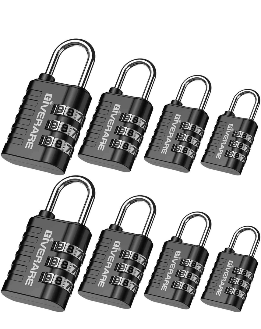 GIVERARE 8 Pack Combination Lock, 3-Digit Padlock Keyless, Resettable Luggage Locks for Backpack, Gym & School & Employee Locker, Weatherproof Travel Lock for Fence, Backyard Gate, Hasp, Case-Black Set of 9