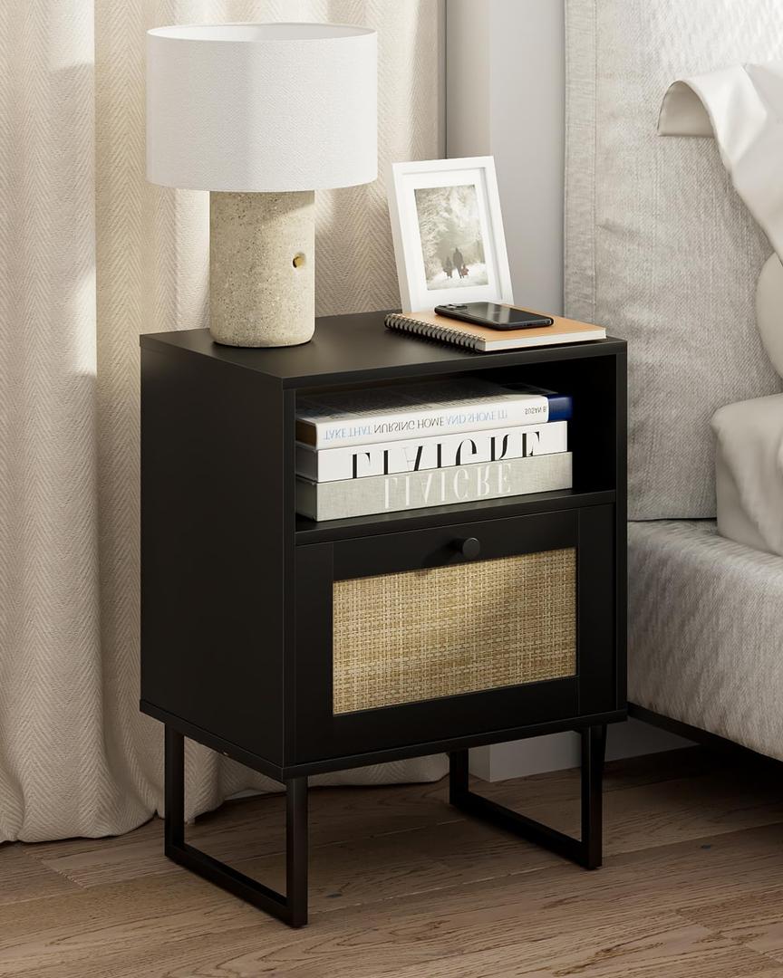 Masupu Rattan Nightstand,Modern Boho Farmhouse Wood Bedside Table with Storage Drawer and Open Shelf,Small Black Frame Side End Table for Bedroom,Living Room,Office, Black,  Normal Size 