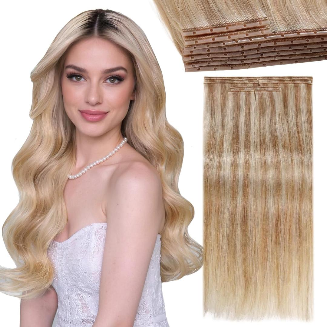 LADY MIRANDA Double Layered OVO Weft Hair Extensions Human Hair 18 Inch 100G 8PCS Mixed Blonde Hair Extensions Real Human Hair with Micro Beads Genius Seamless Flat Weft (18/613, 18 Inch)