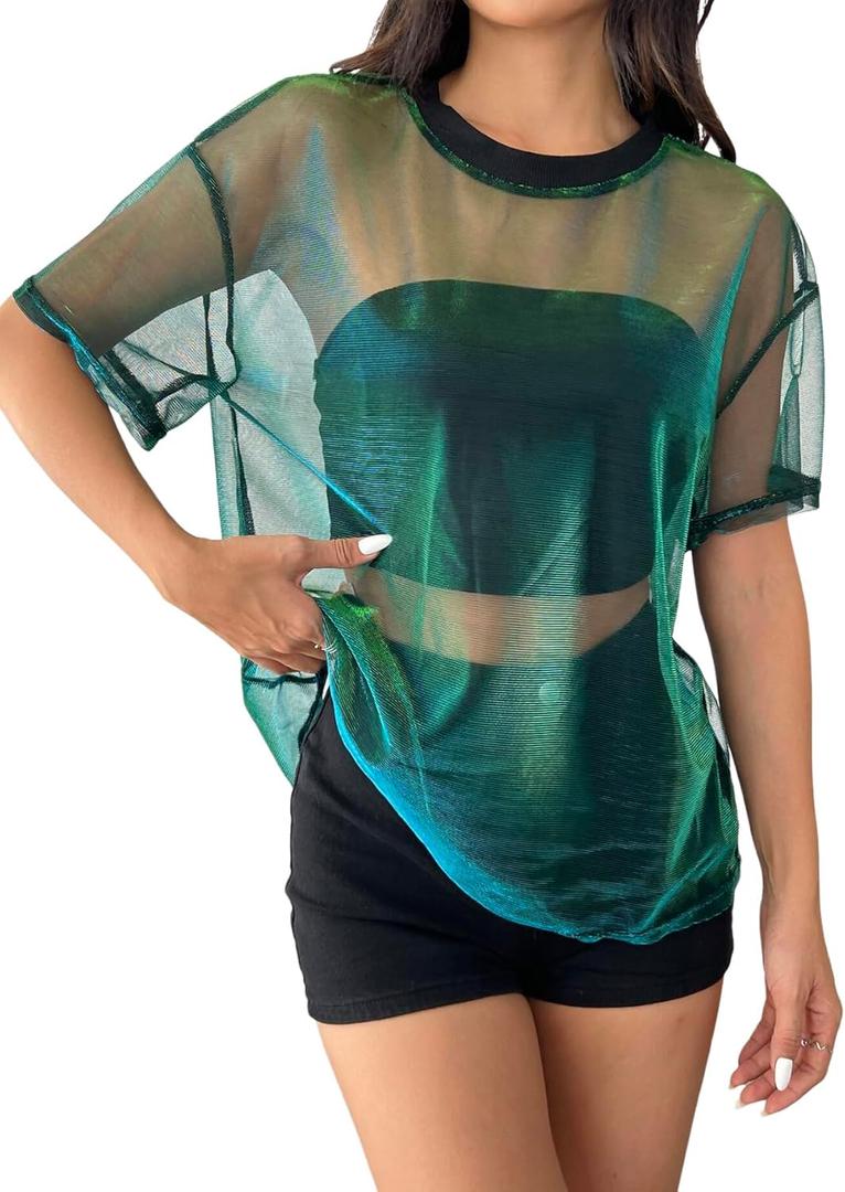 OYOANGLE Women's See Through Top Metallic Mesh Sheer Short Sleeve Rave T-Shirt (Large, Green)