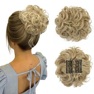 Benehair Messy Bun Scrunchie Hair Piece with Combs Clip in Bun Scrunchy Updo Wavy Donut with Jaw Claw Synthetic Big Chignons Hairpiece for Women Curly Touseld Juva Bun Ash Blonde & Bleach Blonde 90g