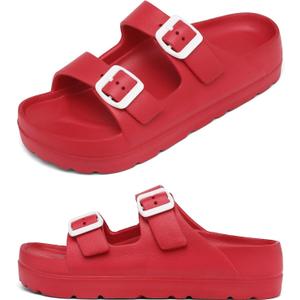 Womens Platform Sandals with Arch Support, Adjustable Buckle Beach Sandal Woman Comfort Lightweight Ultra Cushion EVA Slides (5, Double Buckle-red)