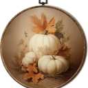 FSTCSV Vintage White Pumpkin Fall Round Wall Art Framed, Vintage Fall Leaves Pumpkin Canvas Prints Wall Hanging Art, Rustic Farmhouse Pumpkins Maple Leaves Circle Walls Decor for Home Bedroom,10x10in