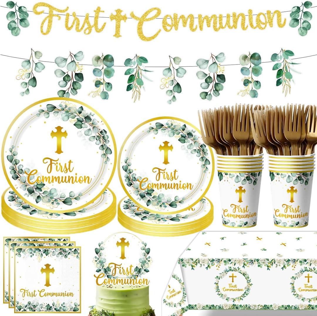 First Communion DecorationsTableware 134pcs First Communion Plates and Napkins Primera Comunion Decoracion Includes Banner Tablecloth Cups Caketopper for First Holy Communion Party Supplies Serves 25
