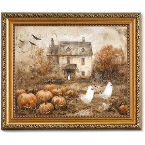 Vodefoad Retro Detachable Gold Framed Wall Art for Home Decor Halloween Pumpkins with Cute Ghost Farmhouse Gold Framed Wall Decor Prints Halloween Gothic Dark Academia Painting Picture for Kitchen, Gallery, Bathroom Wall decor - 8x10Inch