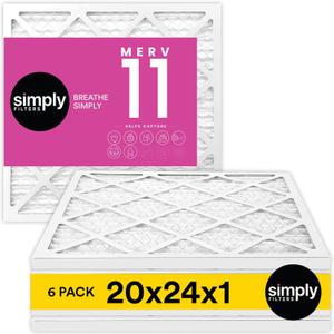Simply 20x24x1 Air Filter, Merv 11, MPR 1000, 6 Pack, For Home AC Furnace & HVAC (Actual Size: 19.75"x23.75"x0.75") DUST, Pet, & Allergy Control