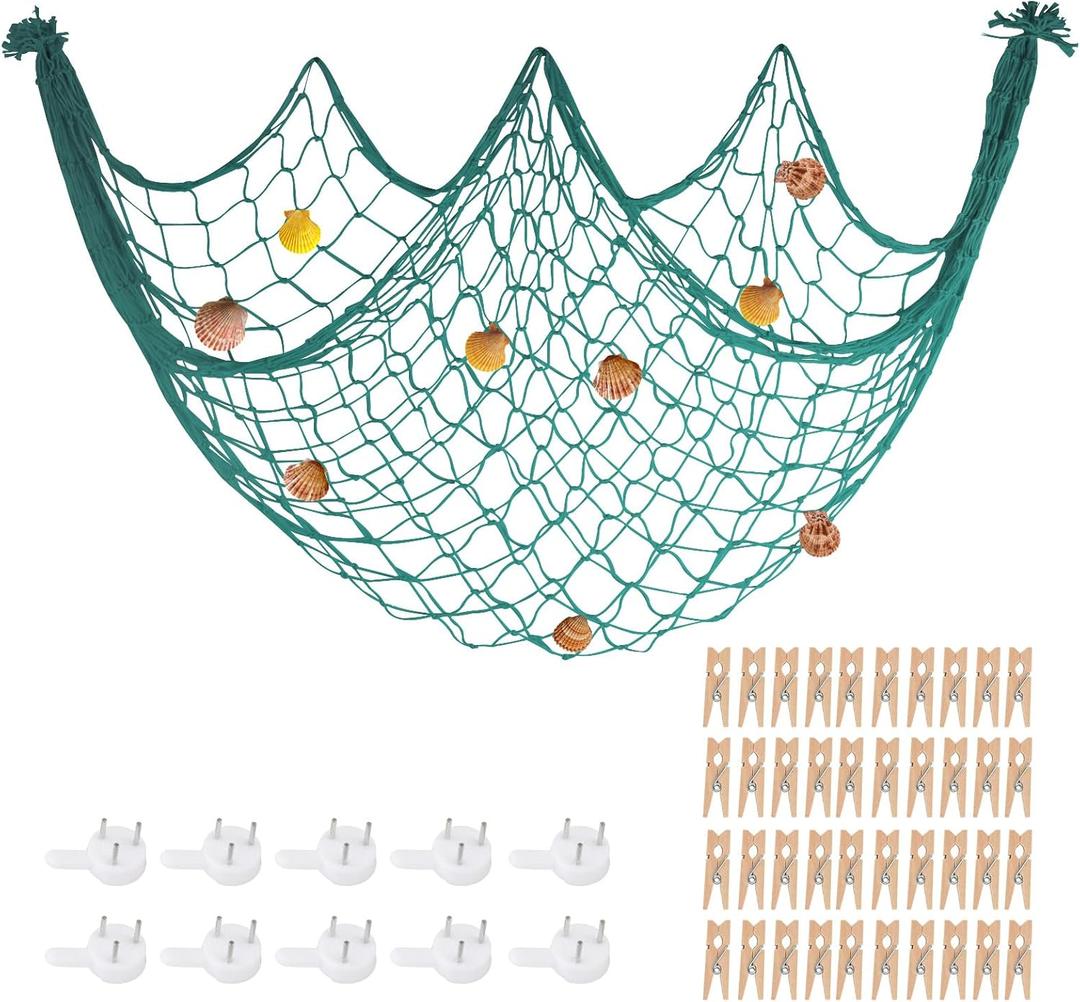 80x40 Inch Decorative Fishing Net w/Shells & Clips, 3mm Thickness Aqua Natural Cotton Large Photo Hanging Fishnet, Wall Party Decorations for Nautical Pirate Hawaii Underwater Mermaid Themed Party