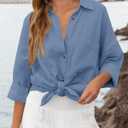 NOLLSOM Casual Shirts for Women Long Sleeve Button Down Blouses Spring 2026 Solid Color Trendy Tops with Pocket (Blue, M)