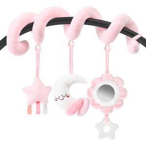 Spiral Car Seat & Stroller Activity Toy, Crib Hanging Rattles Toys for Ages 0-12 Months, Mirror, Textured Ribbons, Squeaky Carseat Stroller Toys, Newborn Baby Girl Gifts
