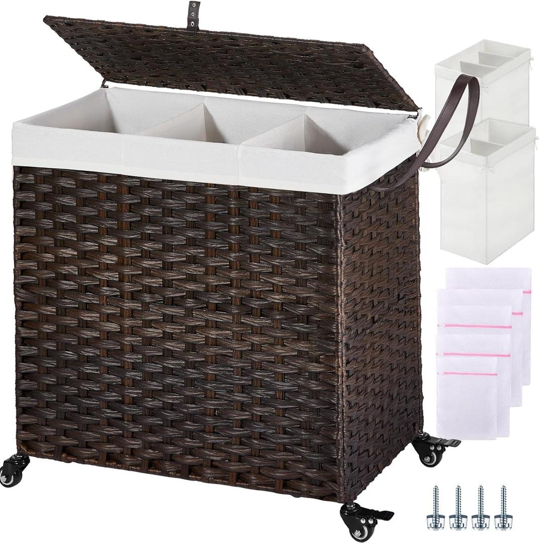 GREENSTELL Laundry Hamper with Wheels&Lid, 130L Large 3 Sections Clothes Hamper with 2 Types Removable Liner Bags, 5 Mesh Laundry Bags, Handwoven Divided Laundry Basket Brown
