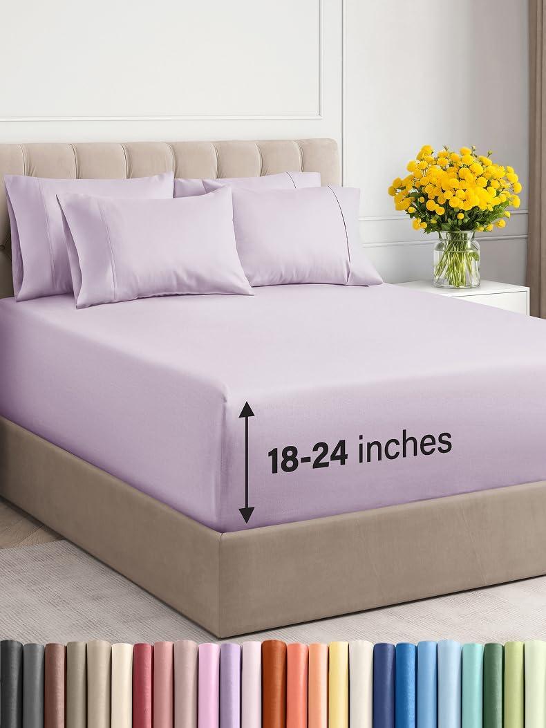 Extra Deep King Sheet Set - 6 Piece Breathable and Cooling Sheets - Hotel Luxury Bed Sheets Set - Easy Fit - Soft, Wrinkle Free and Comfy Sheets Set - Light Lavender Sheet Set with Extra Deep Pockets