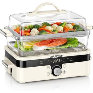 AIRMSEN Glass Food Steamer for Cooking - 8.5QT Vegetable Steamer with 2-Tier Stainless Steel Trays, 1200W Super Fast Heating for Veggies, Seafood & Rice, BPA-Free