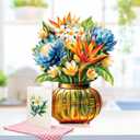 10 x Paper Pop-Up Flower Card, Tropical, Forever Flowers Bouquet 3D Popup Greeting Cards, Blank Note Envelope, Birthday Gift Cards, Mother's Day, Holiday Decorations