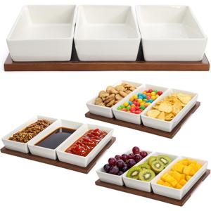 Elsjoy 3-Section Serving Tray, Wood Divided Serving Dish with Ceramic Bowls, 3-Compartment Food Platter Dipping Tray for Appetizer, Fruits, Bread