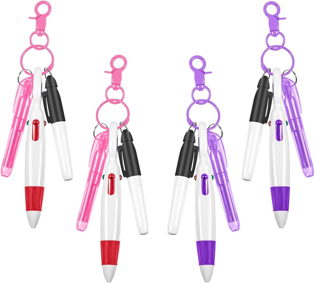 Nursing School Essentials,Mini Highlighter Nurse Pen Pack Set Include Pink and Purple Tip Highlighter 4 Permanent Marker Pen and 4 Retractable Ball Pen with 4 Nursing Keychain Clip