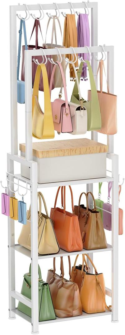 Tall Purse Organizer for Closet with 10 Purse Hanger & 6 Side Hooks,Floor-Standing Purse Rack Stand for Purse Storage,Narrow & High-Capacity Handbag Organizer,Multi-Purpose Purse Shelf for Small Place