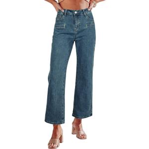 Astylish Women's Trendy Straight Leg Stretchy Jeans Mid High Waisted Cropped Jeans Wide Leg Denim Pants (Blue),Size 14