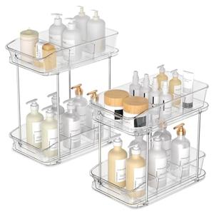 Incostar 2 Tier Pull-Out Organizer for Bathroom Kitchen, Under Sink Storage with Dividers, Ideal for Cabinet, Cupboard Organization, Slide-Out Clear Storage, 2 Pack