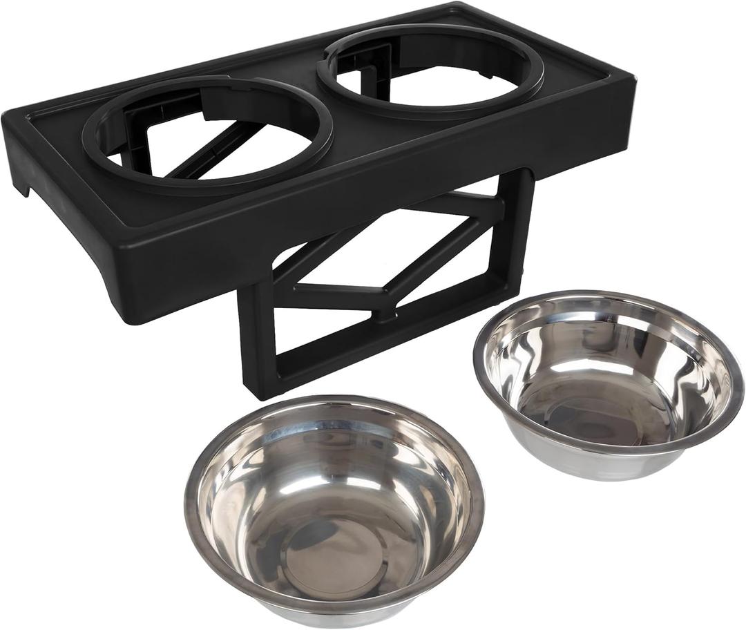 Elevated Dog Bowls Stand - Adjusts to 3 Heights for Small, Medium, and Large Pets - Stainless-Steel Dog Bowls Hold 34oz Each by PETMAKER (Black)