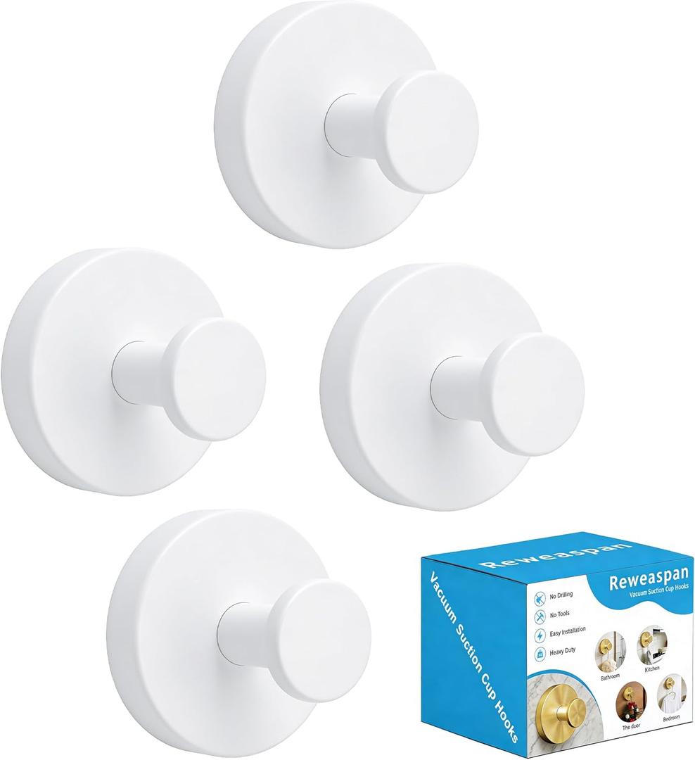 Suction Cup Hooks for Shower, Heavy Duty Towel Hooks for Walls No Damage, Suitable for Hanging Towels, Robes, Coats, Holds 15 lbs-4pack, White