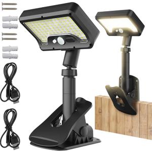 Pacify Clip On Solar Lights Outdoor with Motion Sensor, 92 LED 600LM Adjustable Solar Clip Lights, IP65 Waterproof Clamp Solar Lights for Fence Deck Gutter Camping Security(2 Pack Warm White 3000K)