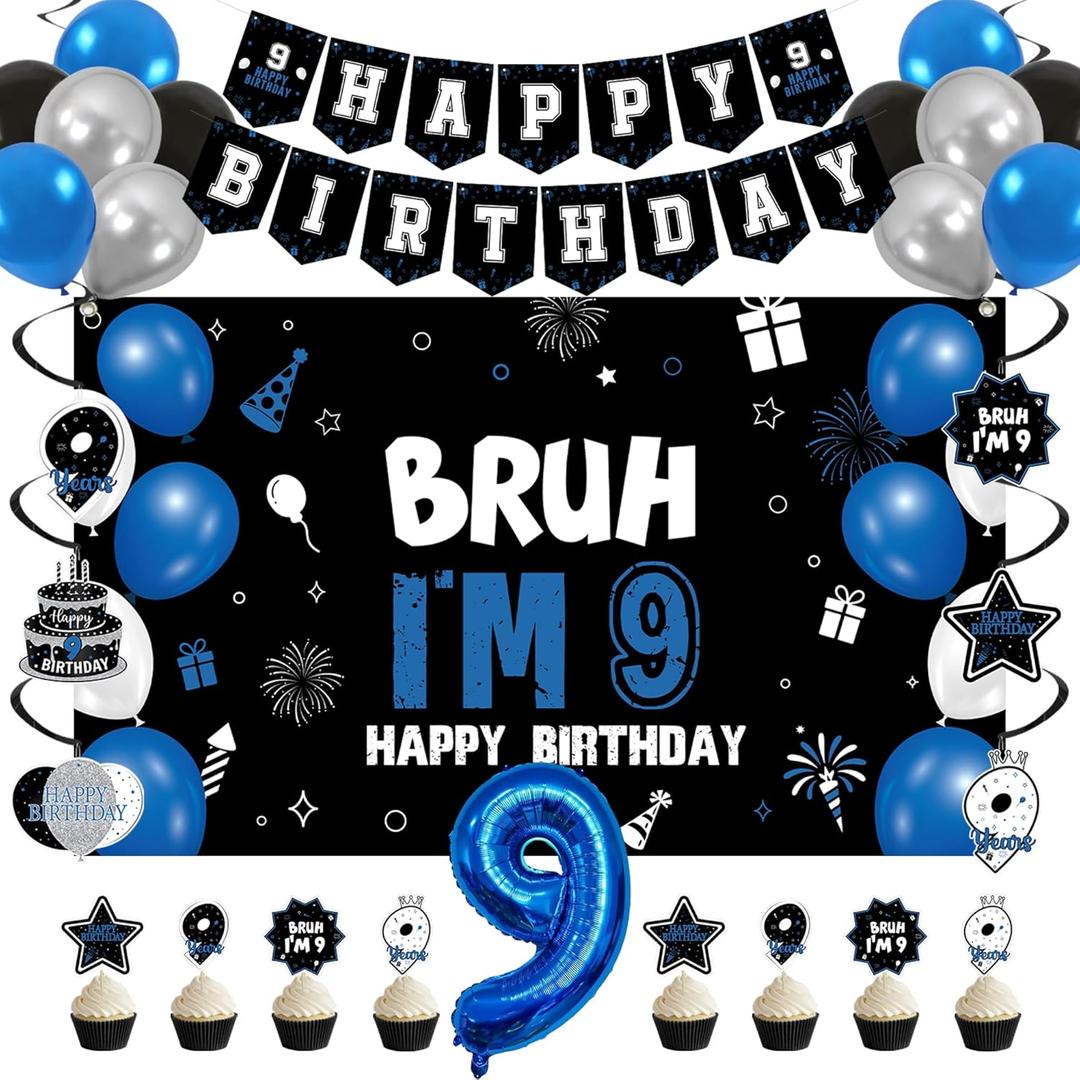 Vlipoeasn 9th Birthday Decorations Set for Boys Girls, 35PCS Black Blue 9 Year Old Birthday Backdrop Banner, Bruh I'm 9 Party Supplies
