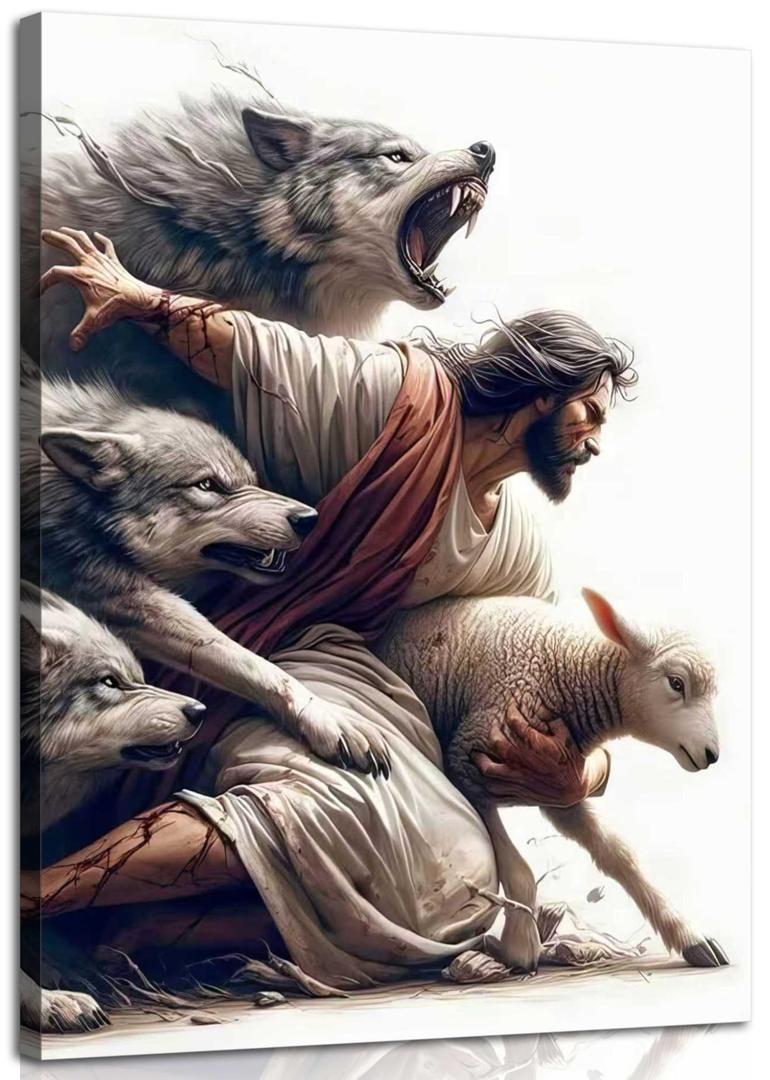 Framed Jesus and Lamb Wall Art Jesus Protecting Lamb from Wolves Canvas 24L"x16W" Canvas