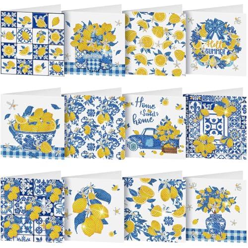 Saillong 12 Pack Capri Lemon Diamond Painting Greeting Card Kit with Envelopes Blue Yellow Lemon Diamond Art Cards 5D Rhinestones Painting Making Kits for Adult DIY Craft Family Friend Holiday Gifts
