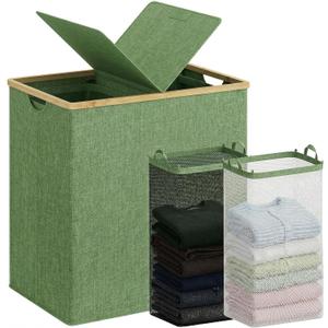 efluky Laundry Hamper with Lid, Double Laundry Basket with 2 Removable Bags, 2 Section Laundry Bin with Bamboo Handles for Bathroom, Bedroom & Laundry Room, 140L (36.9 Gallon) Sage Green, 140L Dual
