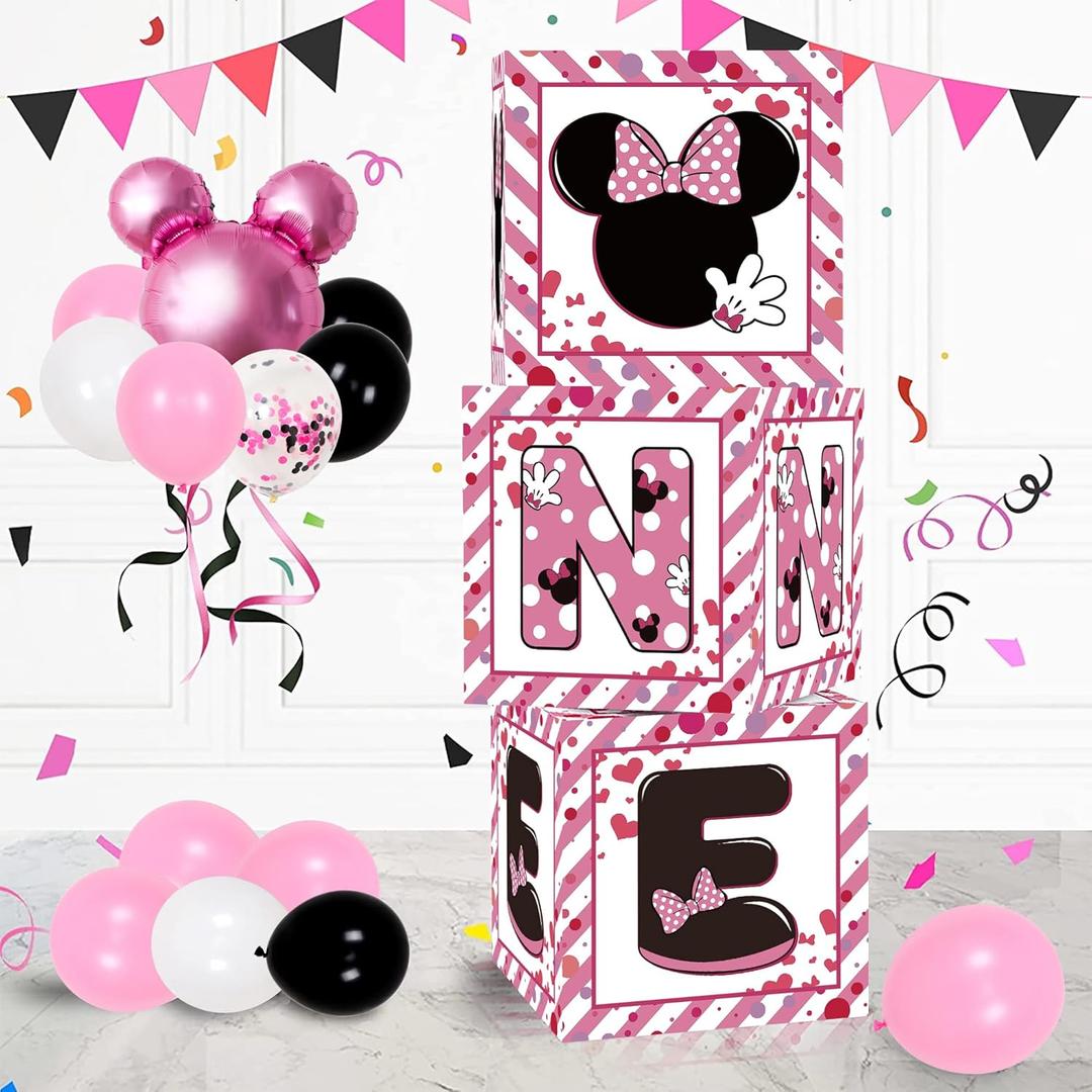 1st First Birthday Party Favors Balloon Boxes Supplies for Baby, Girls 3Pcs Pink Mouse Theme One Year Old Balloon Boxes, 'ONE' Letters Balloon Arch Kit for Party Decorations