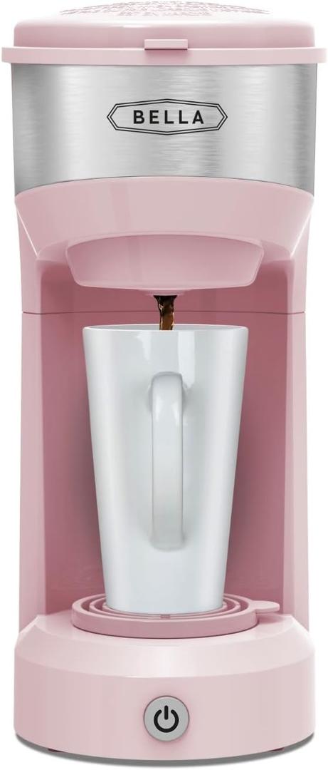 BELLA Dual Brew Single Serve Coffee Maker, Brews both Kcup and Ground Coffee, Large 14oz Capacity, Easy One Touch, Auto Shutoff, Pink