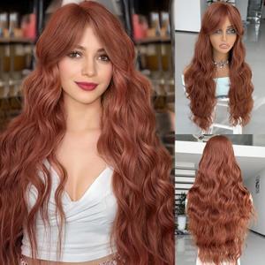 LEOSA Auburn Wigs for Women, 26 Inch Long Wavy Copper Layered Wig with Curtain Bangs Synthetic Natural Looking Hair Middle Part Redhead Wig for Daily Party,Dark Auburn