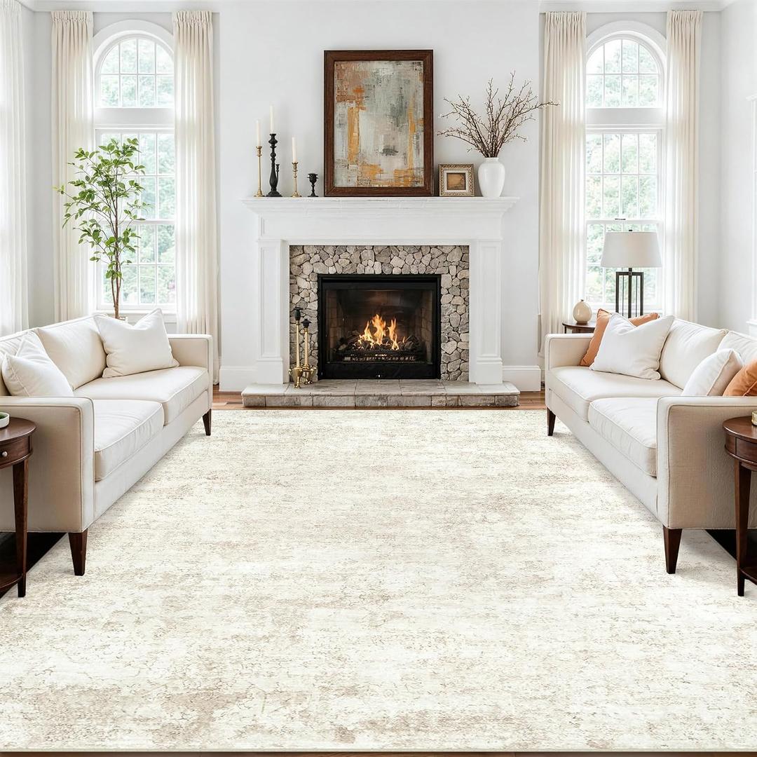 8x10 Area Rug for Living Room:Nursery Rug for Baby Girl Washable Vintage Rug with Non Slip Backing Indoor Floor Non Shedding Floral Low Pile Thin Carpets for Bedroom Dining Room Home Office Beige