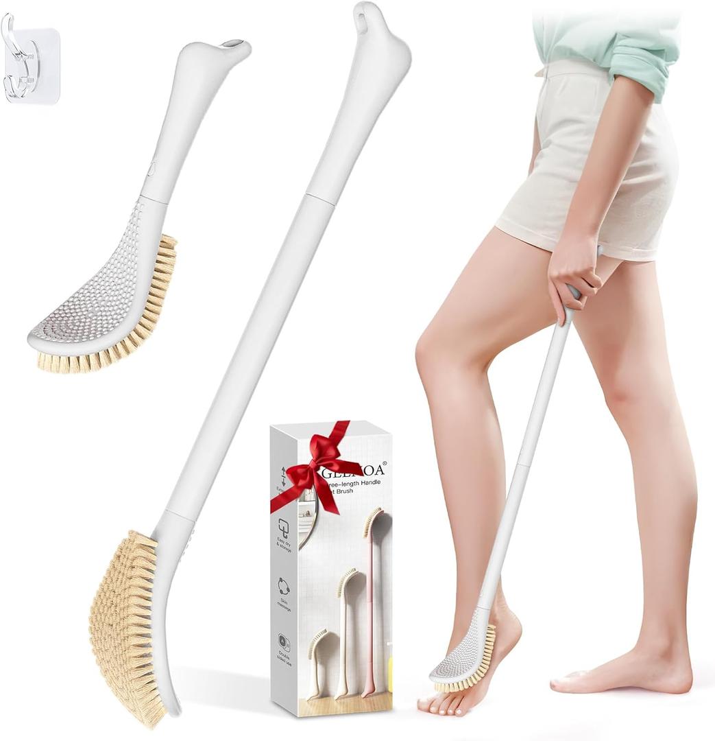 New Foot Brush with Adjustable Long Handle, 3-in-1 Foot Scrubber for Wet or Dry Brushing, 10.2- 27.5 Foot Scrub Brush for Senior, Pregnant, Disabled, or Injured, Gift-Box Packed(White)
