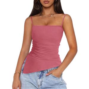 PRETTYGARDEN Women's Summer Spaghetti Strap Tank Tops Sleeveless Camisole Blouses Asymmetrical Going Out Basic Tank Shirt (Pink, XXL)