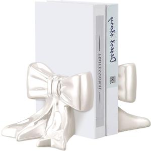 Leinuosen 2 Pcs White Bow Bookends Ceramic Cute Book Ends Decorative Book Stand Bow Sculpture Statues Tabletop Shelf Ornament Room Decor for Home Office School Dorm Girl Desk