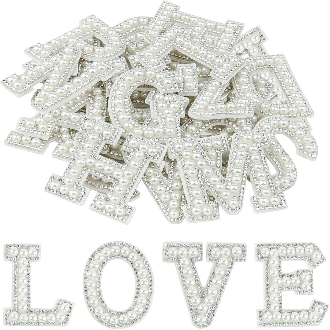 Morcheiong 26Pcs Pearl Rhinestone Letter Patches Self Adhesive A-Z, Stick on Pearl Letter Patches for Clothes, Fabric, Backpack (White) (26Pcs 1.8")