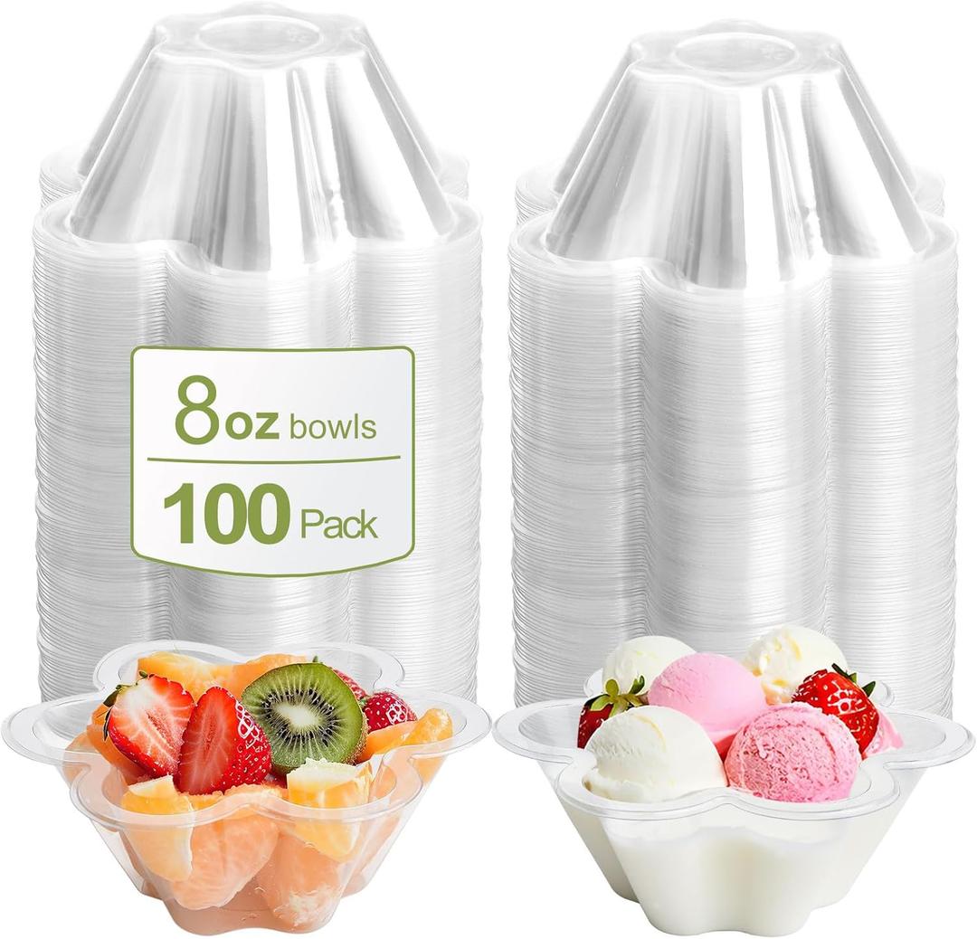 Clear Bowls, 100 PCS Ice Cream Cups, Christmas Candy Bowl, Small Disposable Clear Appetizer Serving Cup for Dessert Cake Snack Sundae Salad Nuts Snack for Party Favor Wedding Flower Shape (8OZ)