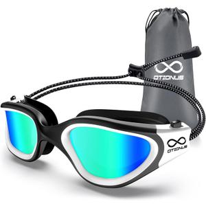 Swim Goggles, Polarized Adult Swimming Goggles Bungee Strap No Hair Pulling Anti-fog Pool Goggles for Men Women (01-black White/Polarized Mirror Gold)